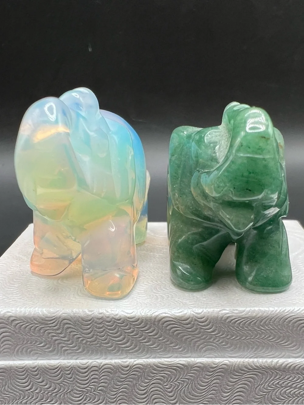 Lot of 2 Carved Stone Elephant Figurines Opalite & Green Aventurine Crystal 1.5”